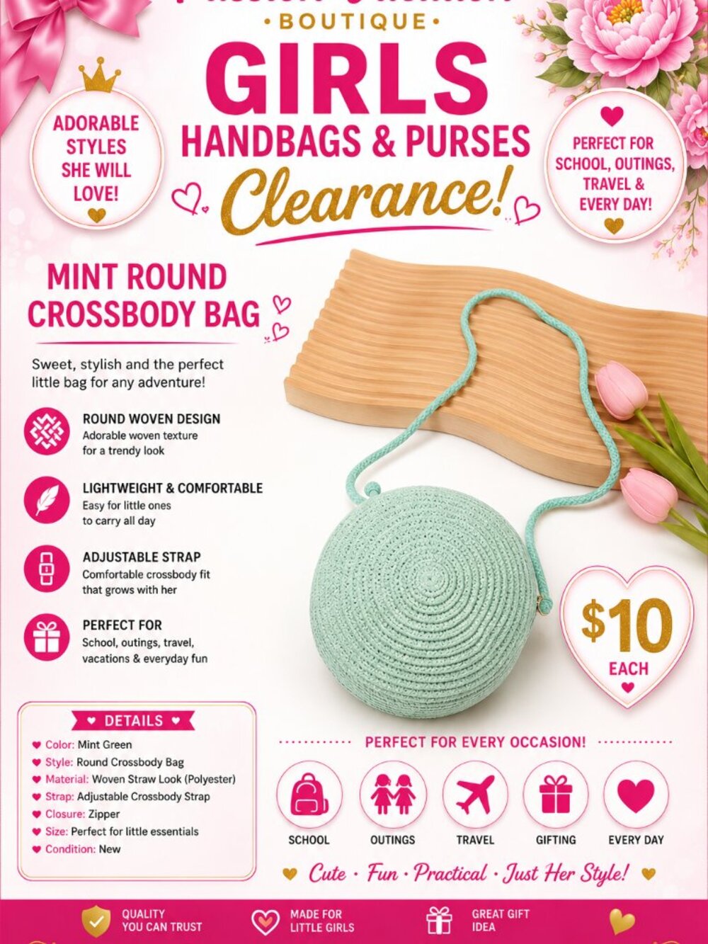 Girls Mint Green Round Woven Crossbody Purse | Cute Lightweight Mini Bag